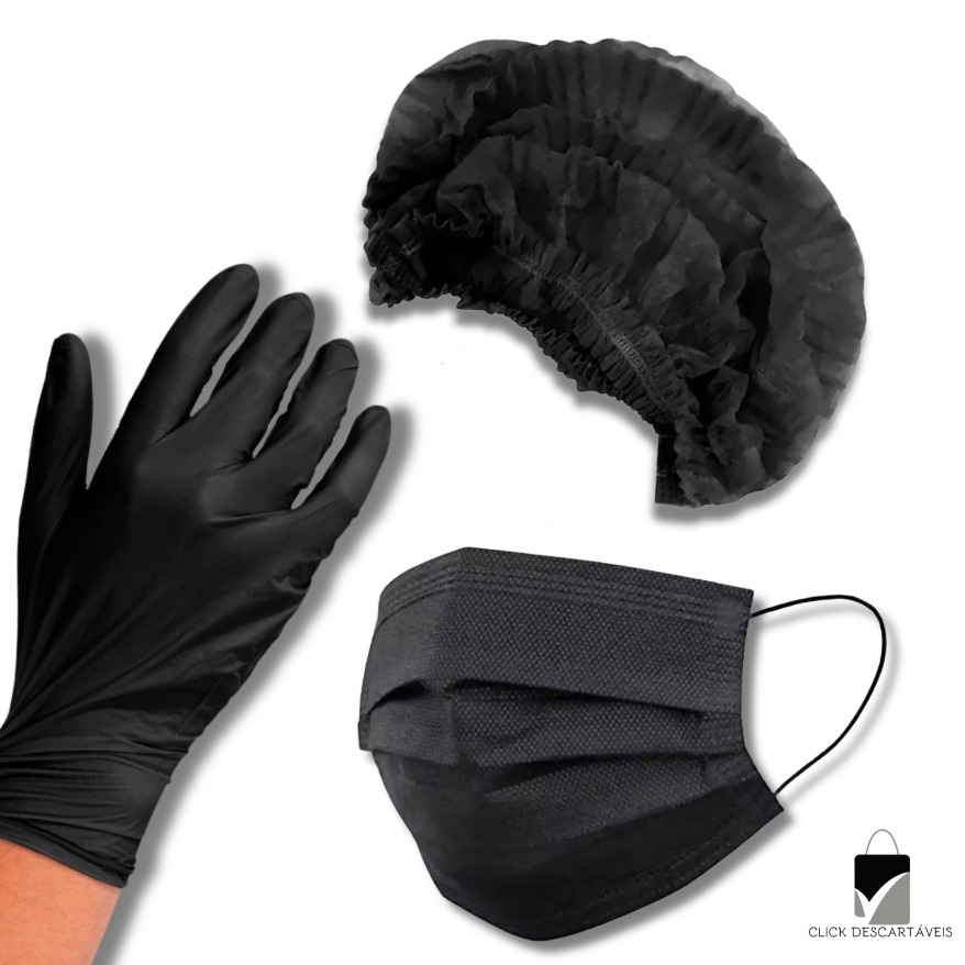 Kit 100 Luvas Nitrilica Preta P, M ou G +100 Toucas TNT + 50 Máscara Preta Descartável Com Clipe em Oferta na Shopee