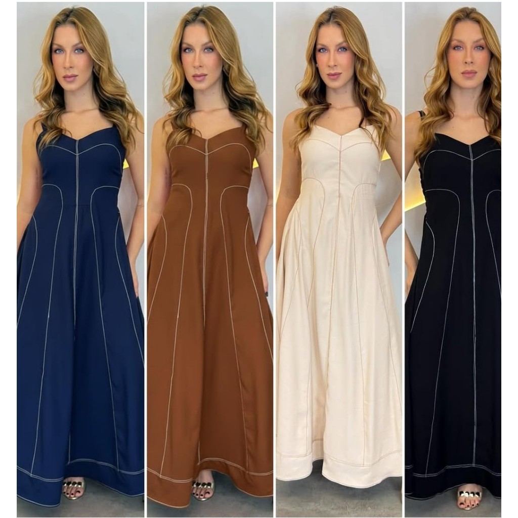 Vestido longo em tecido Sensorial Textura Premium em Oferta na Shopee