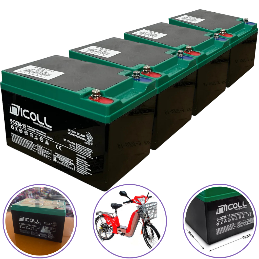 Kit 4 Baterias Nicoll 12v 16ah Ciclo Profundo Bike Elétrica Patinete Elétrico Triculo Elétrico