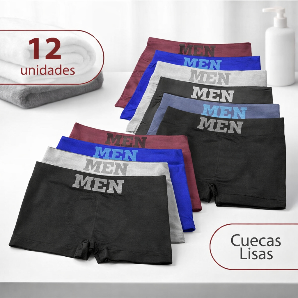Kit 12 Cuecas Boxer Masculina Lisa Microfibra Conforto e Resistência Sem Costura