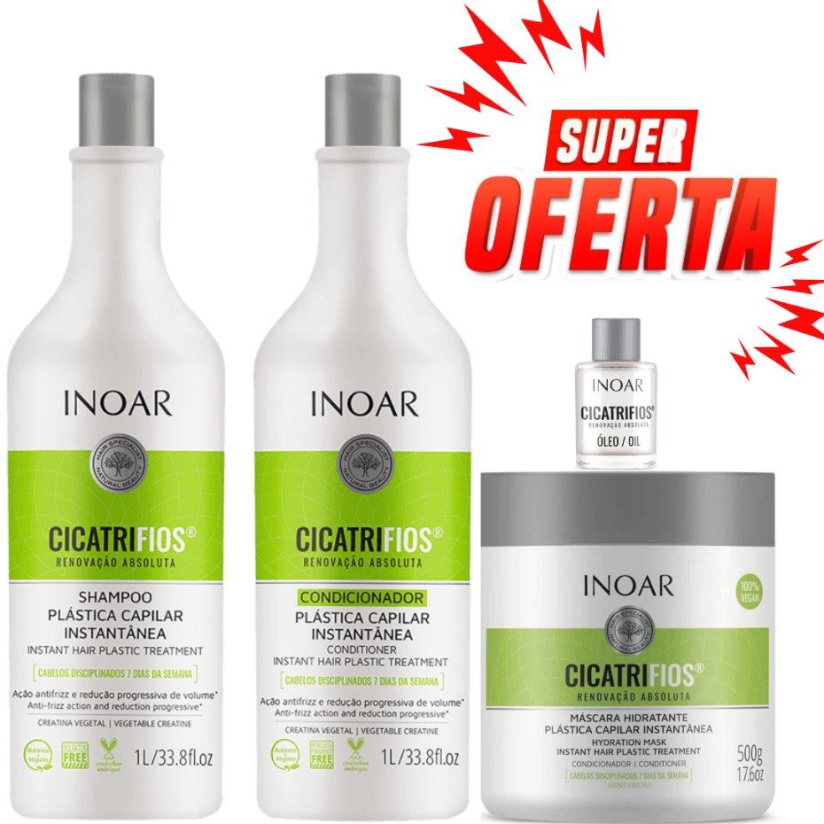KIT CICATRIFIOS INOAR SHAMPOO1L+CONDICIONADOR 1L+MÁSCARA 500G+ÓLEO CICATRIFIOS 7ML em Oferta na Shopee