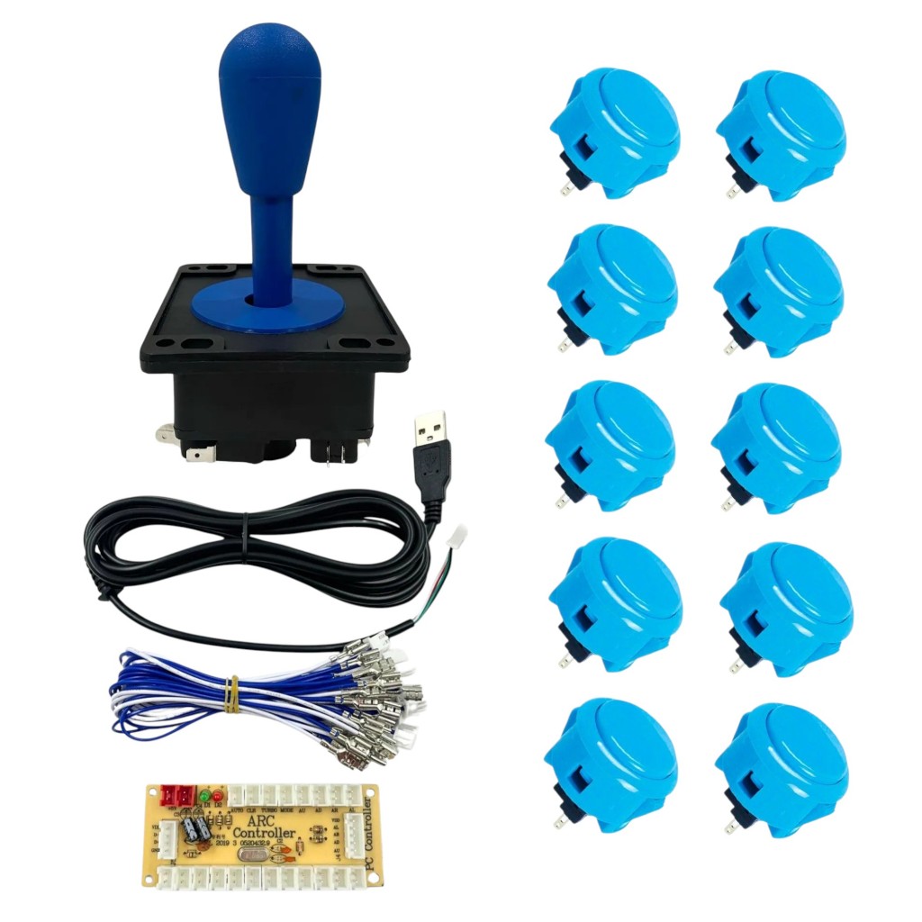 Kit 1 Comando e 10 Botões Azul Tipo Sanwa 30mm Para Fliperama Arcade + 1 Placa Zero Delay