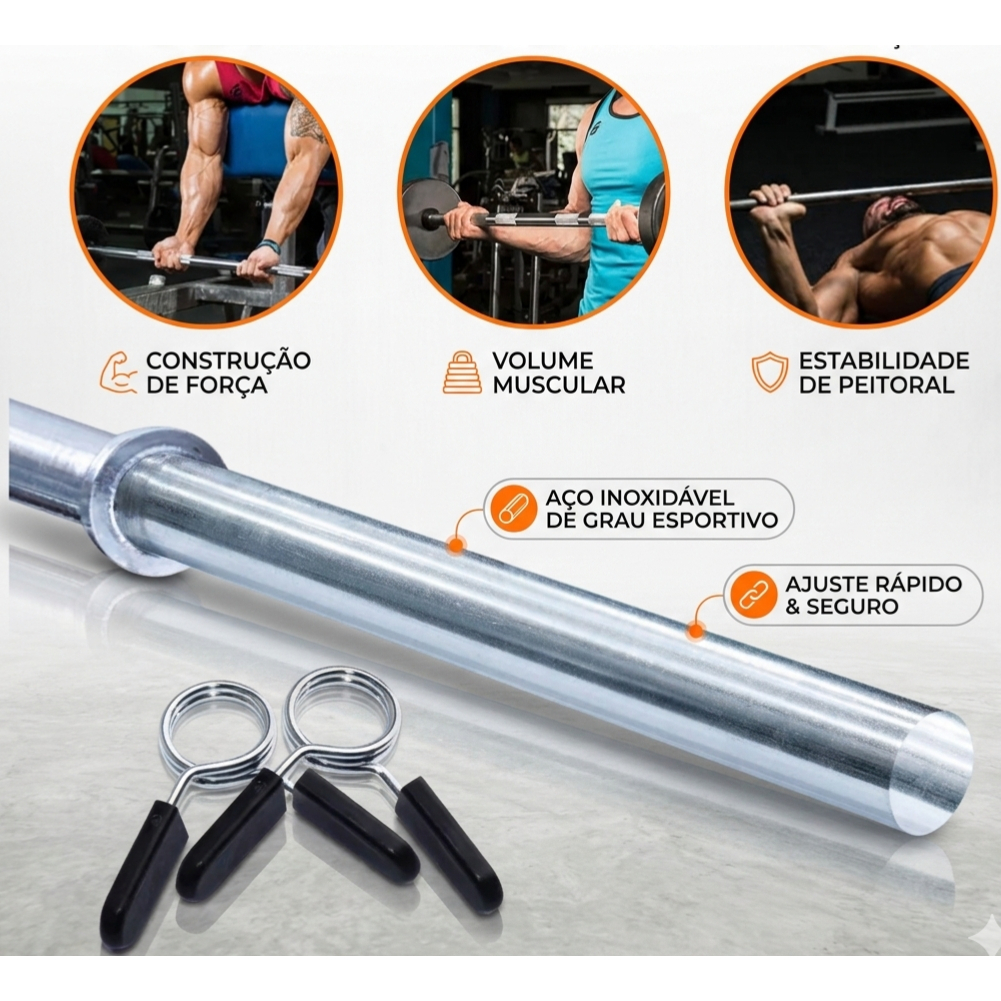 Barra Reta Maciça Cromada 1,20m x 25mm com Presilhas Musculação Academia Bíceps Tríceps Supino