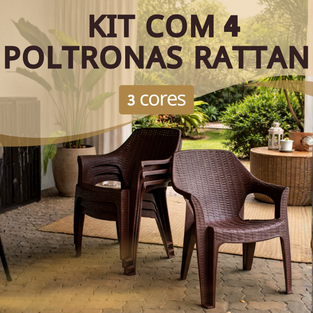 Kit 4 Cadeiras Poltrona Rattan Reforçada Empilhável Escritório Varanda Piscina Salão Jardim Lazer