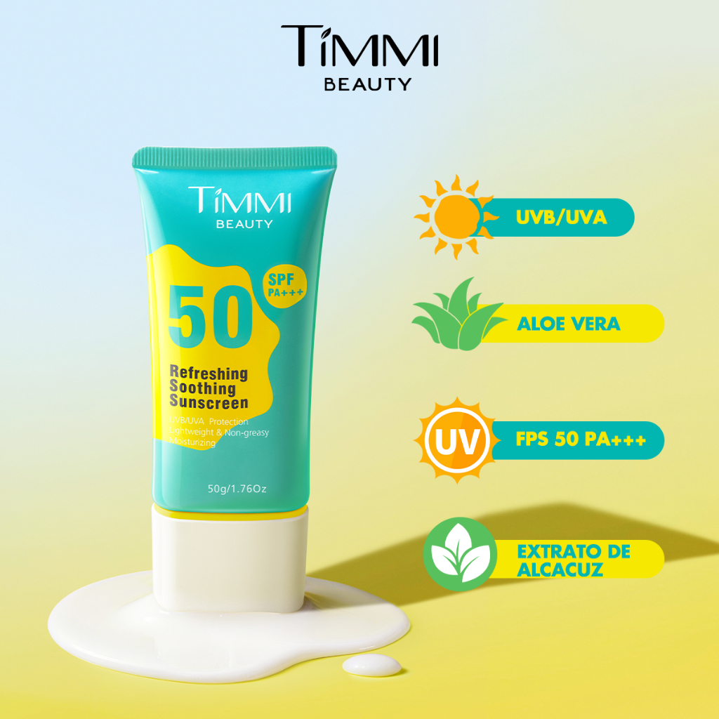 Protetor Solar FPS 50 TIMMI BEAUTY Toque Leve Não Oleoso com Aloe Vera e Ação Antimanchas
