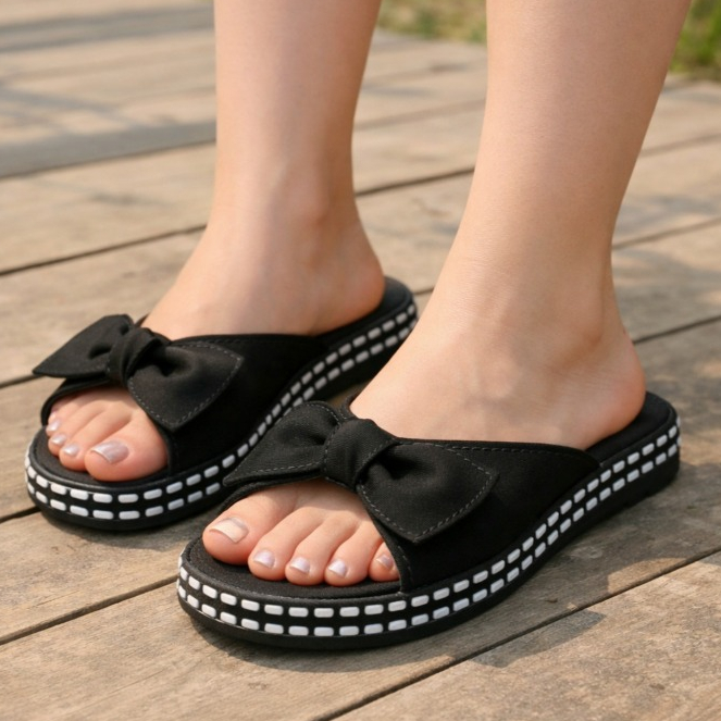 Sandália Anabela Feminina Flatform Laço Detalhe Nó Confortável Tamanco Flat Tratorado Mulheres Luxo