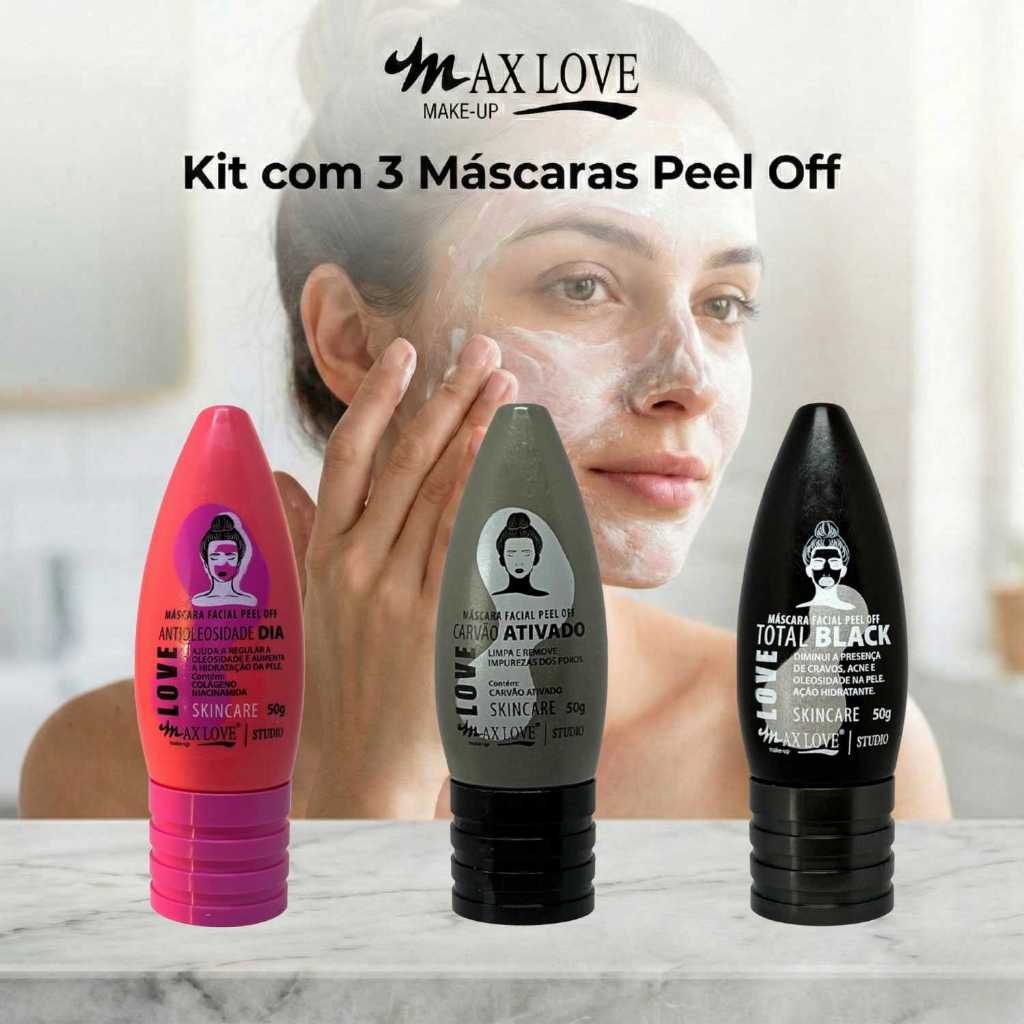 Kit com 3 Máscaras Peel Off - AntiOleosidade Dia, Carvão Ativado, Total Black Max Love