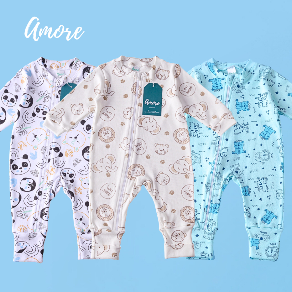 Kit 3 Macacões Bebê Amore Vira Pé com Zíper Mais Vendidos Menino 100% Algodão