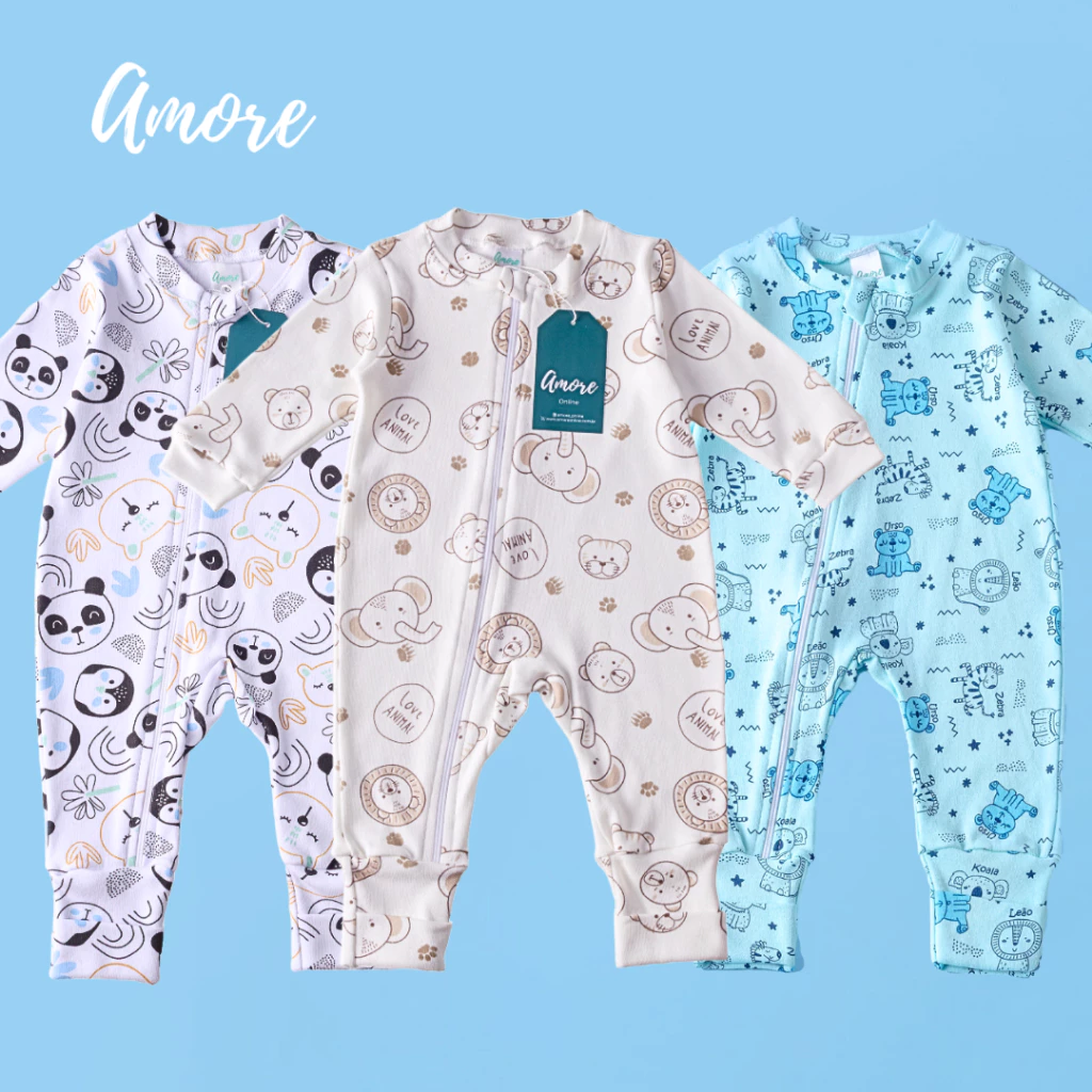 Kit 3 Macacões Bebê Amore Vira Pé Zíper Mais Vendidos Menino 100% Algodão