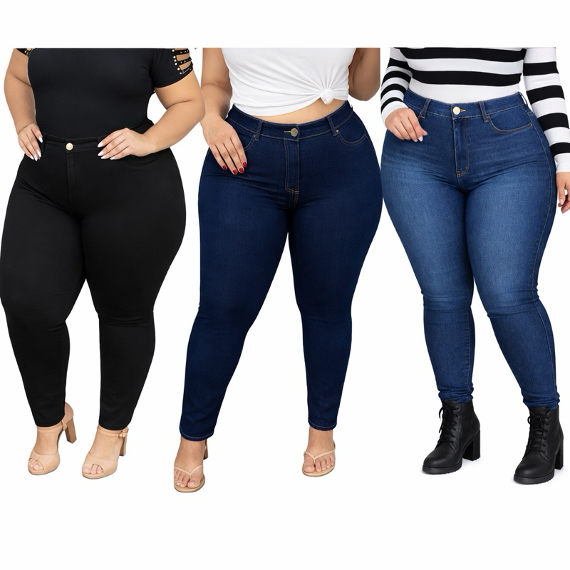 3 Calça Jeans Feminina Plus Size com Elastano Cintura Alta em Oferta na Shopee