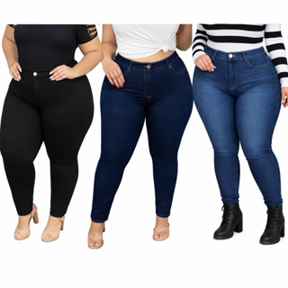 3 Calça Jeans Feminina Plus Size com Elastano Cintura Alta em Oferta na Shopee