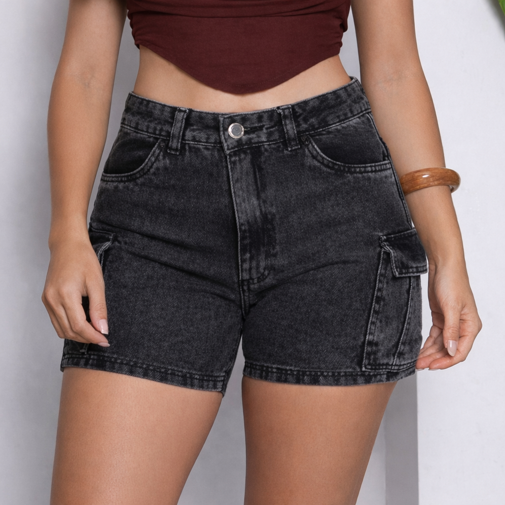 Shorts Cargo Jeans Feminino Moda Verão gringa Bermuda Cintura Alta com bolsos Blogueira Marmorizada