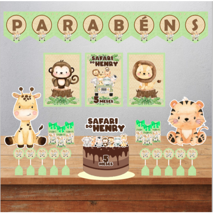Kit Festa Safari Personalizado – Decoração Infantil – Mesversário e Aniversário – Só um Bolinho