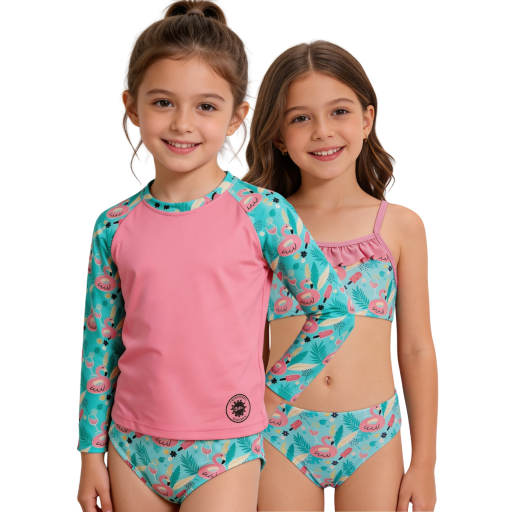 Conjunto menina 3 Peças Camisa+biquíni Proteção UV 50+ Praia/piscina do 2 anos ao 16 anos
