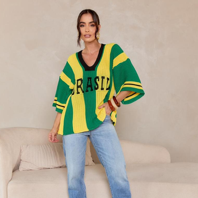 Blusa Feminina Tricot Brasil Manga Ampla Decote V Estilo Premium em Oferta na Shopee