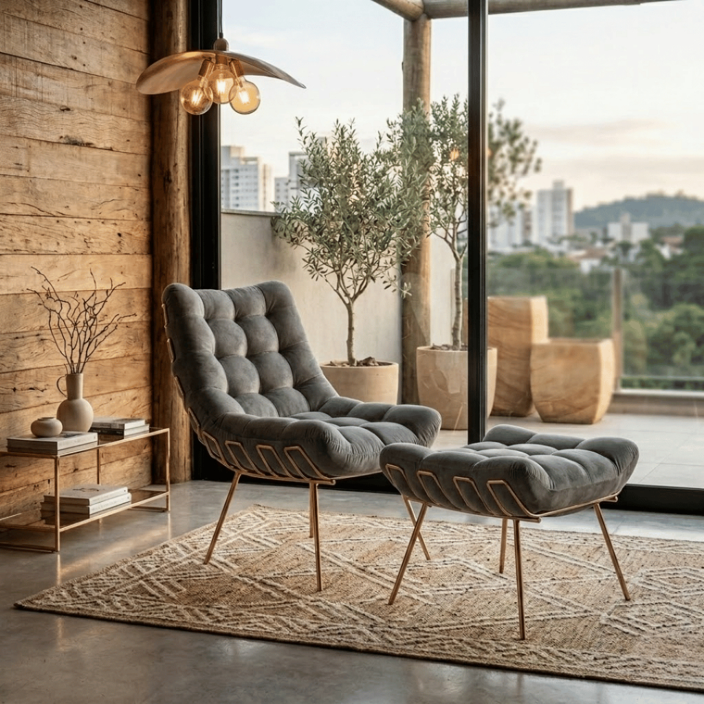 Kit Poltrona Com Puff Costela Adão Confortável Estofada Veludo Sala Decorativa em Oferta na Shopee