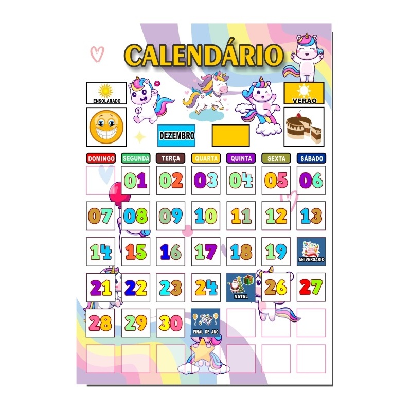 Calendário Educativo Infantil Imã Jogo Lúdico com mais de 70 Tags Magnéticas Organização e Aprendizado Unicórnio Baby