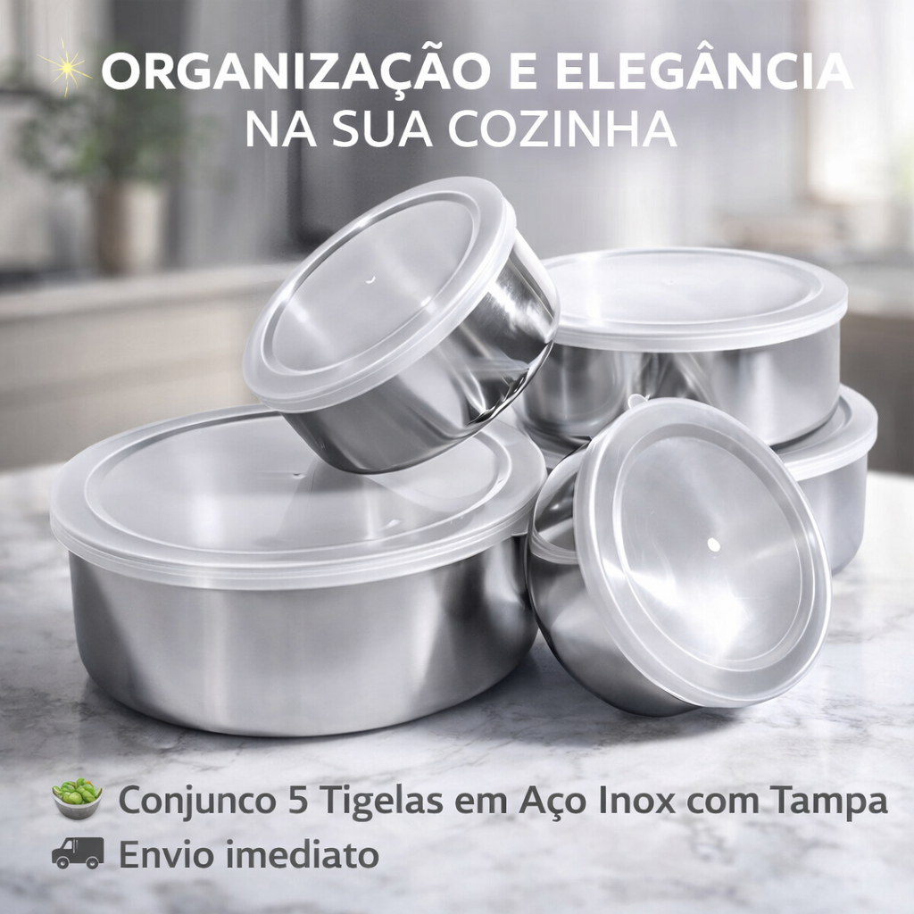 Kit de 5 Potes em Inox Aluminio Com Tampa Redondo Hermético Jogos de Vasilhas Tigelas de Alimentos
