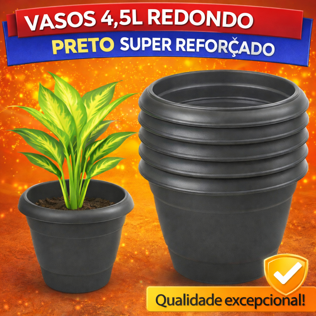 Vaso Redondo 4,5 Litros Preto Jardim Decorativo Plástico Reforçado Varanda Muda Plantas Flores Ervas Suculentas