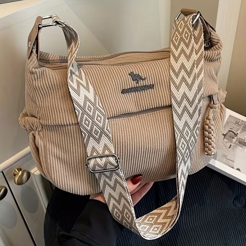 Bolsa Feminina Mini Transversal de Veludo Cotelê com Vários Bolsos e Zíper