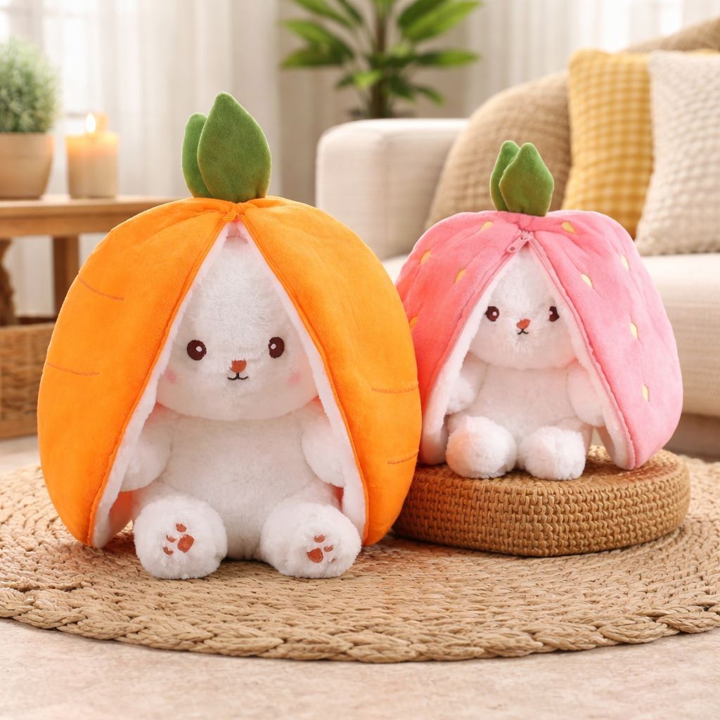 Coelho de Pelúcia Morango, Cenoura Transformável e Travesseiro para Dormir, Presente de Natal Perfeito, Pascoa, Feliz em Oferta na Shopee