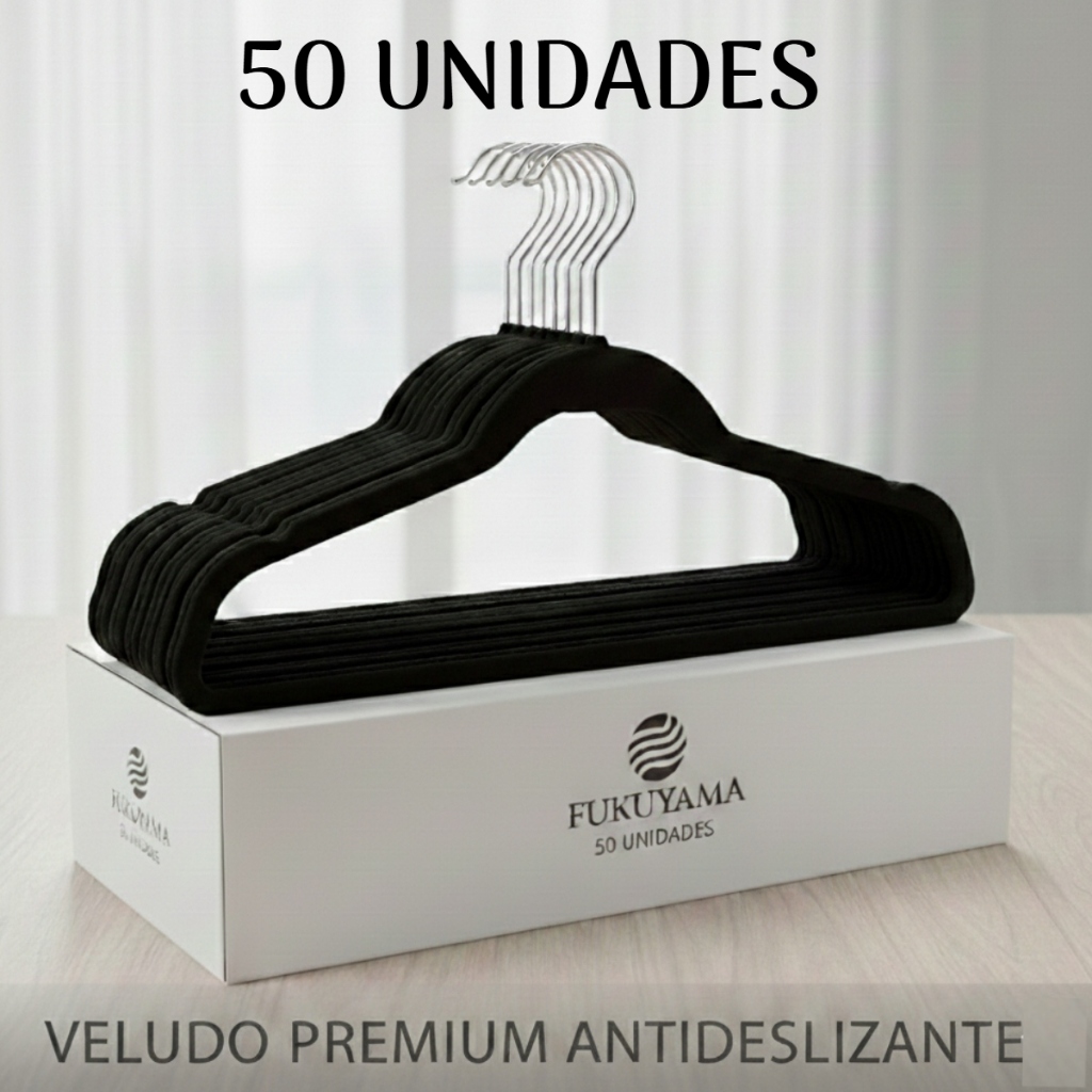 KIT 50 CABIDES DE VELUDO PRETO FUKUYAMA Com Gancho Giratório 360° Antideslizante Slim em Oferta na Shopee