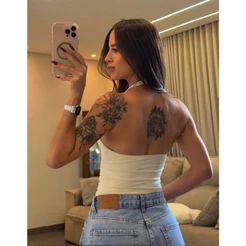 Blusa Feminina Top Halter Cropped Decote Frente Única Costas Nua Verão Academia Treino Efeito Silicone Sustentação
