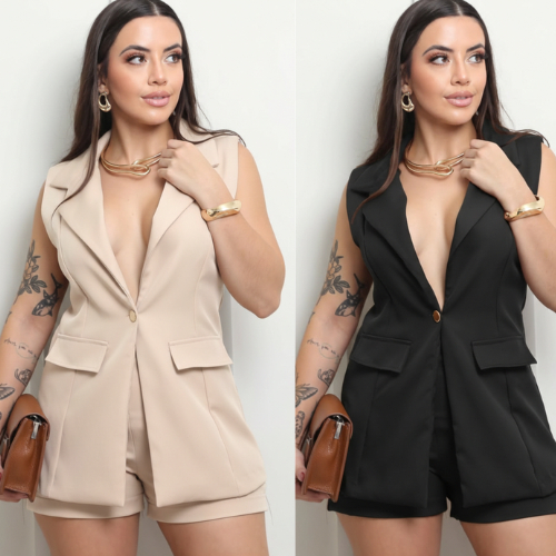 Conjunto Colete Maxi com Botão Forrado e Short Social Cintura Alta – Look Executivo Moderno em Alfaiataria do P M G GG