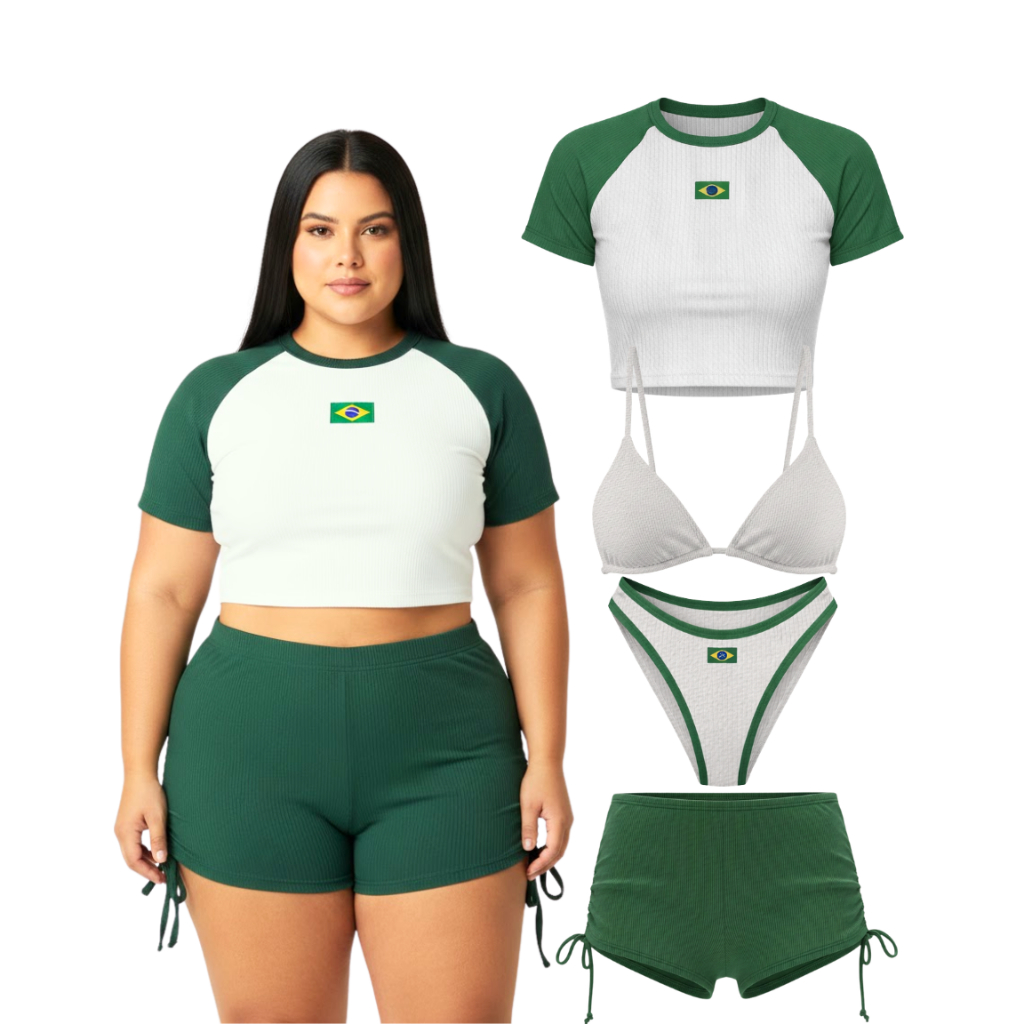 Conjunto Biquíni Plus Size 4 PÇS Cropped Brasil + Short Praia + Calcinha + Sutiã Canelado Elasticidade Sem Transparência