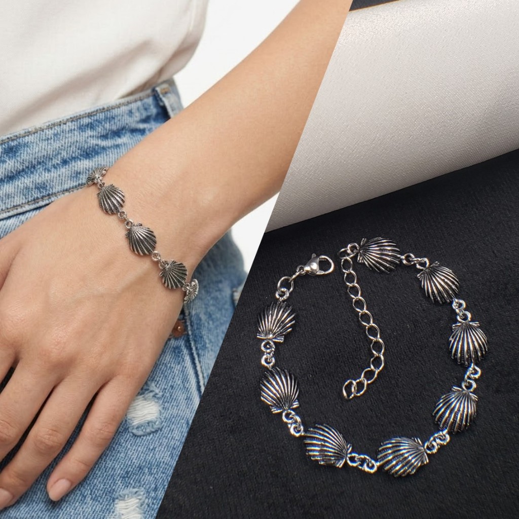 Pulseira Feminina Aço Inoxidável Conchas Prata 17cm Ajustável Antialérgica Resistente Água