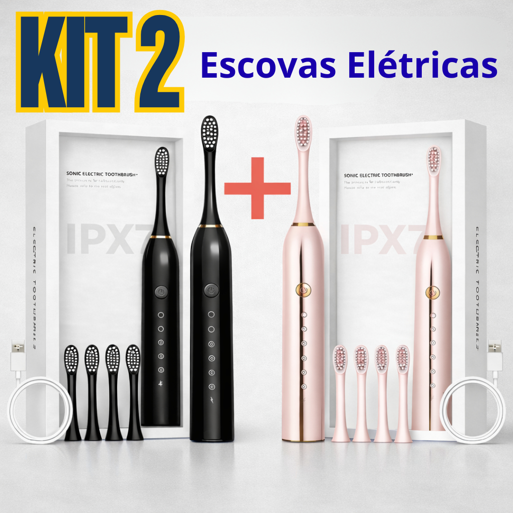 kit 2 Escova de dente Eletrica IPX7 recarregavel prova d'água portatil 7 modos 8 cabeça limpeza profunda