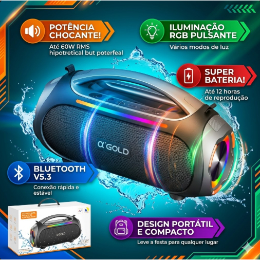 CAIXA DE SOM SM-30A IPX6 60W ALTO POTENCIA SEM FIO RGB BASS BOOST A PROVA DA AGUA