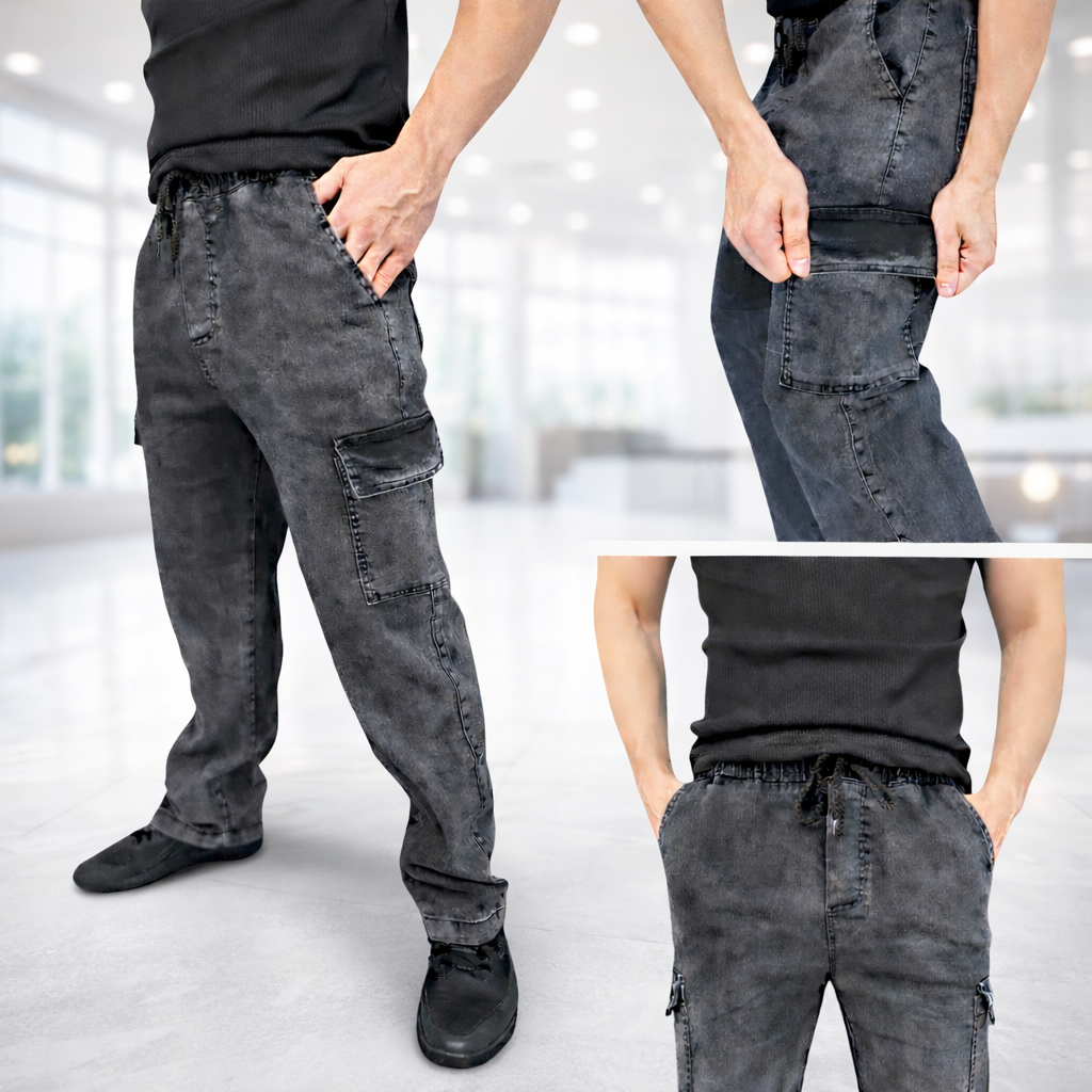 Calça Cargo Masculina Jeans Sarja Estonada 6 Bolsos Streetwear Oversized Cós Elástico Larga
