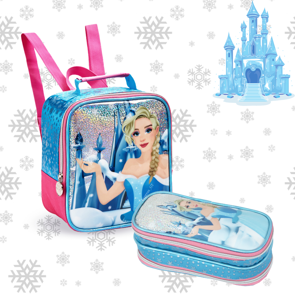 Kit Lancheira Térmica e Estojo Duplo Infantil Menina Escolar Princesa Frozen Com Glitter Feminina Reforçada