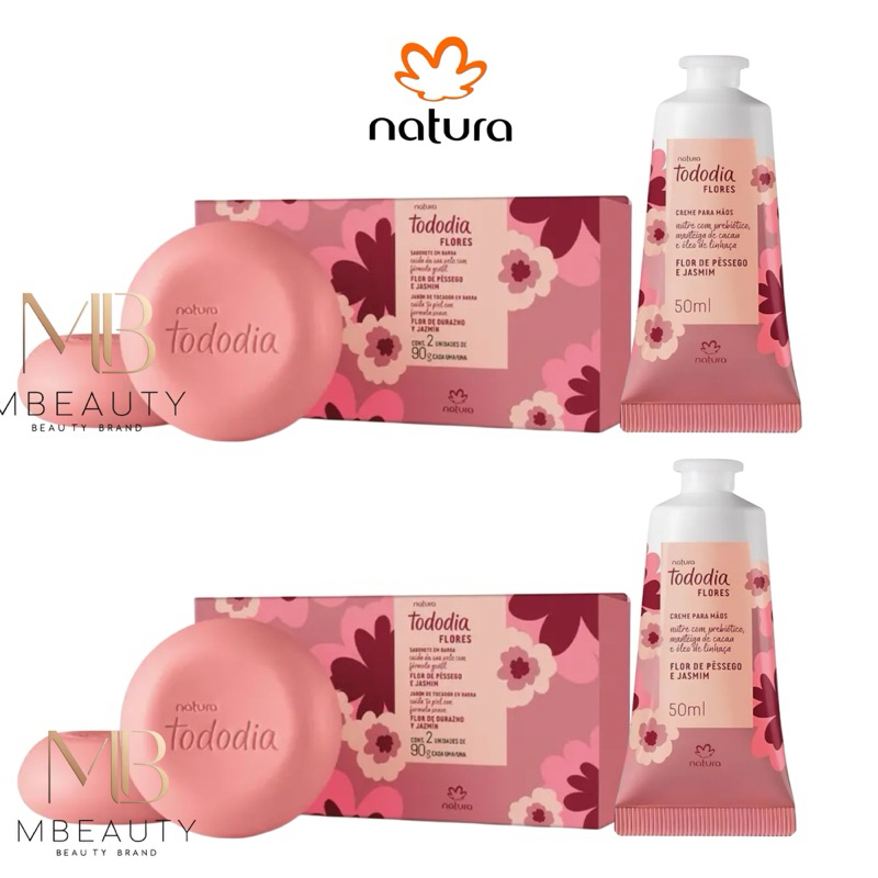Natura Tododia Flores Flor de Pêssego e Jasmim Creme Hidratante para Mãos + Caixa Sabonte Combo com 2 Kits.