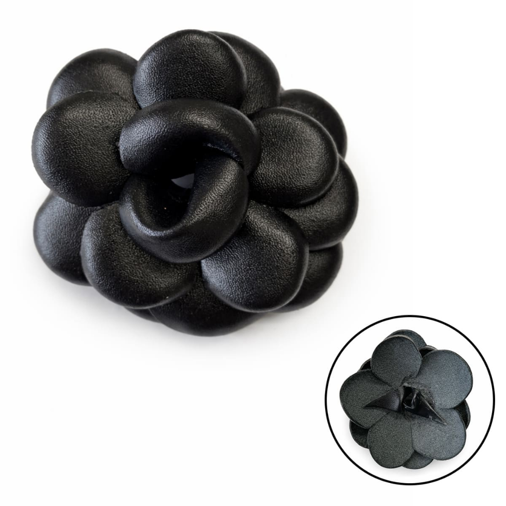 Enfeite Formato Flor Couro Legítimo Pétalas Arredondadas - Aplicação Artesanato Customização Decoração Luxo Cor: Preto