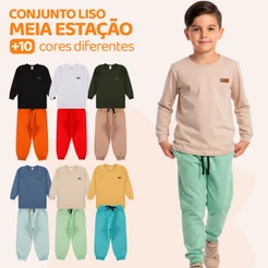 Kit 4 Peças Conjunto Camiseta Manga longa e Calça Moletom Menino Infantil Conjunto Meia Estação Infantil Masculino