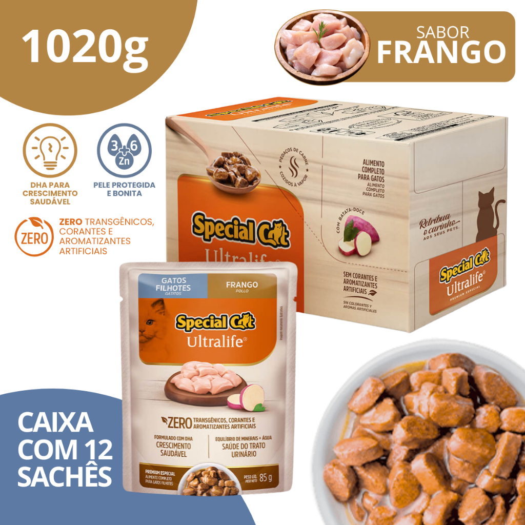 Caixa 12 Sachê Special Cat Ultralife Filhotes Sabor Frango 85g em Oferta na Shopee