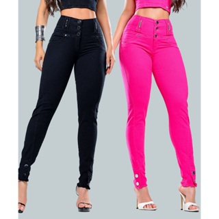 Calça Jeans Feminina Cintura Alta Rhero Modeladora Empina Bumbum Preta e Rosa Barra Desfiada + Lycra em Oferta na Shopee
