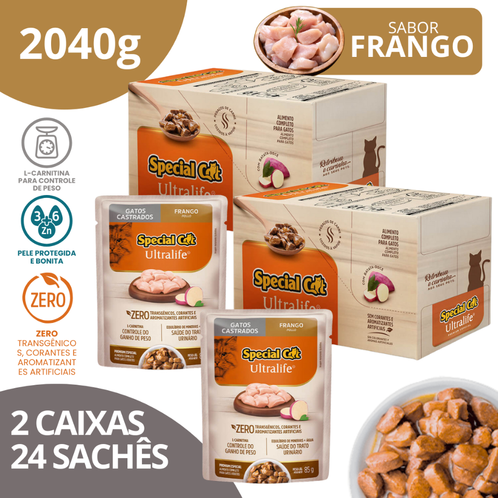 Kit 2 Caixa 12 Sachê Special Cat Ultralife Castrados Sabor Frango - 85g em Oferta na Shopee