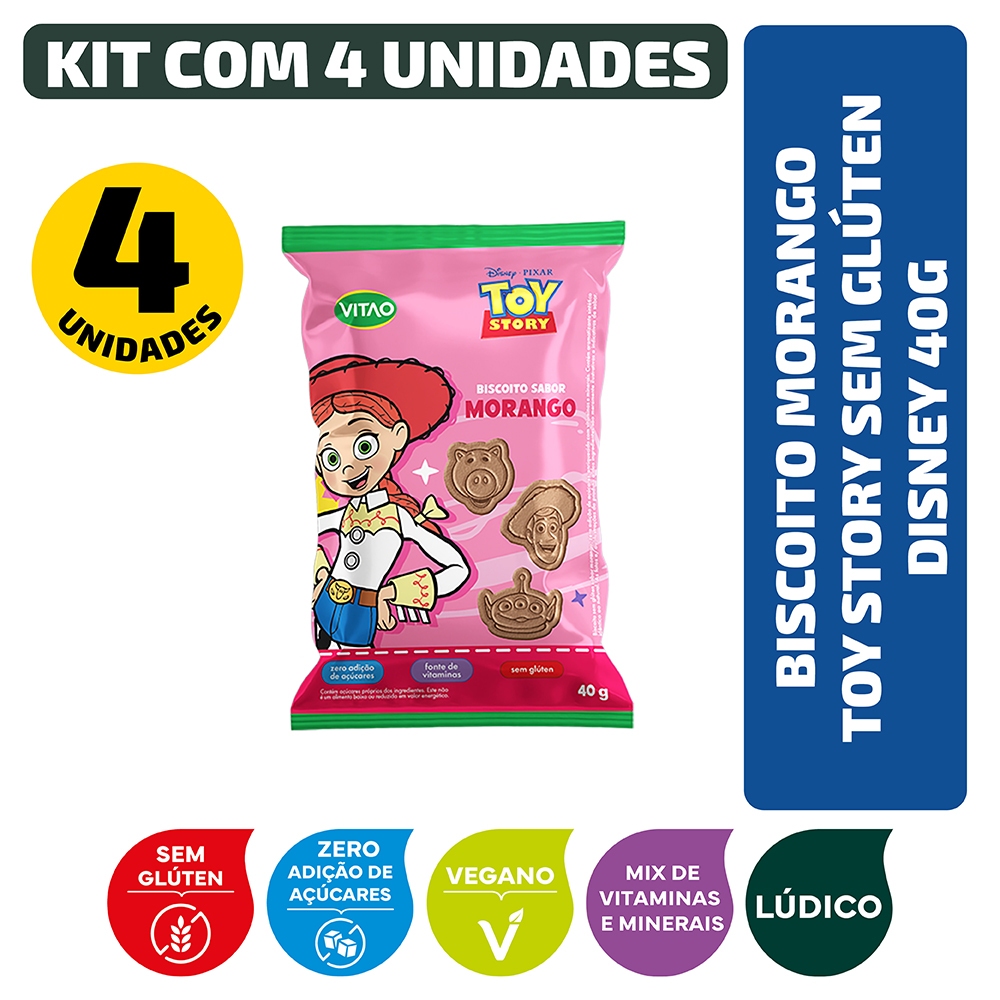 Kit Biscoito Morango Toy Story Sem Glúten Disney 40g - 4 unidades em Oferta na Shopee