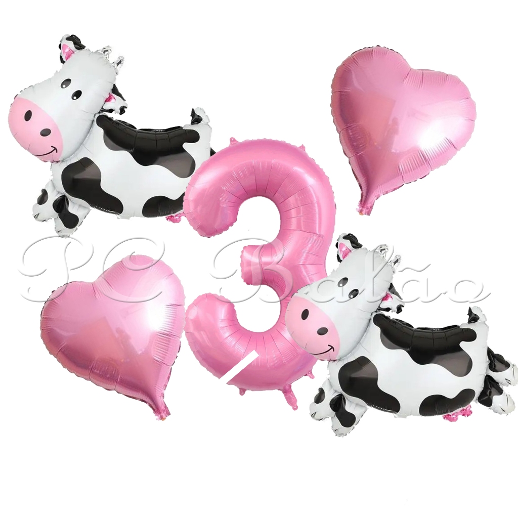 Kit 5 Balão Metalizado 2 VAQUINHA PEQUENA N° 40CM ROSA CLARO  2 CORAÇÃO ROSA CLARO FAZENDINHA