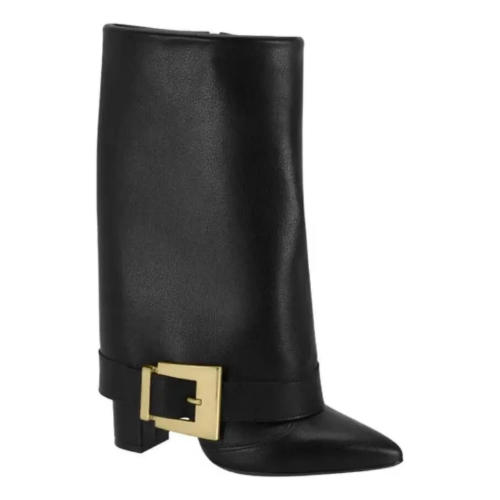 Bota Feminina Vizzano Capa com Fivela Salto Bloco Bico Fino Cano Médio Alto Preto Elegante Premium Atemporal