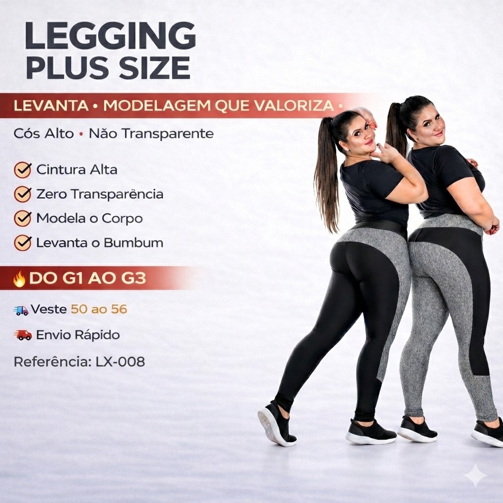 Calça Legging Plus Size Feminina Cós Alto Arco Levanta Bumbum Suplex Academia G1 G2 G3 50 52 54 56