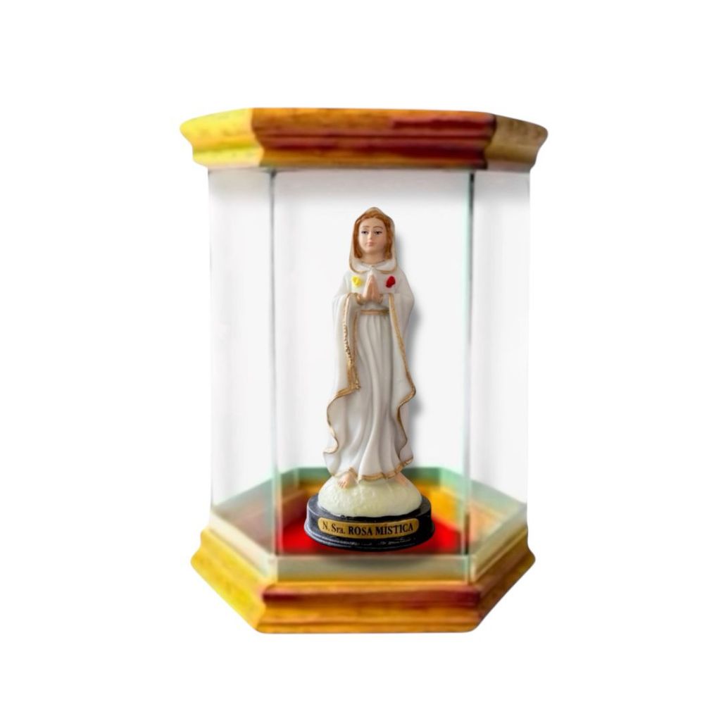 Imagem Nossa Senhora Rosa Mistica 15cm Resina com Redoma Oratório de Vidro