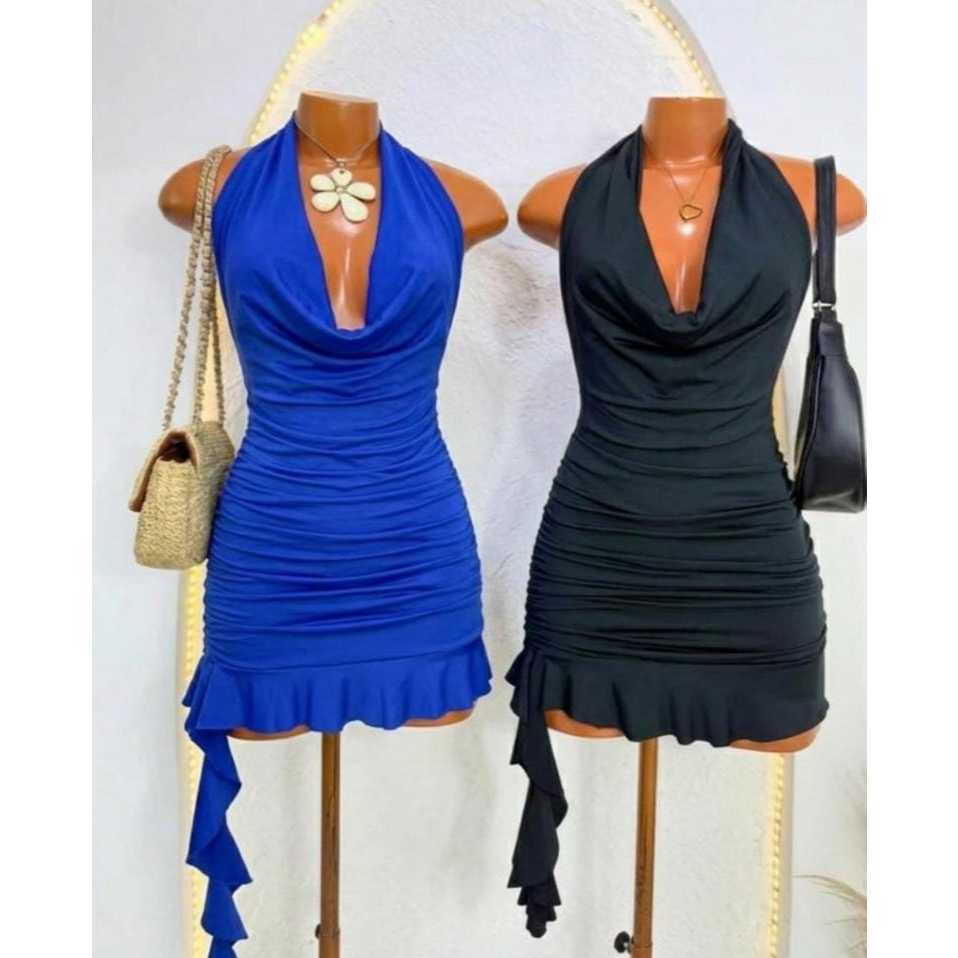 Vestido feminino curto com babado frente única gola drapeada e modelagem perfeita verão festa noite balada moda gringa