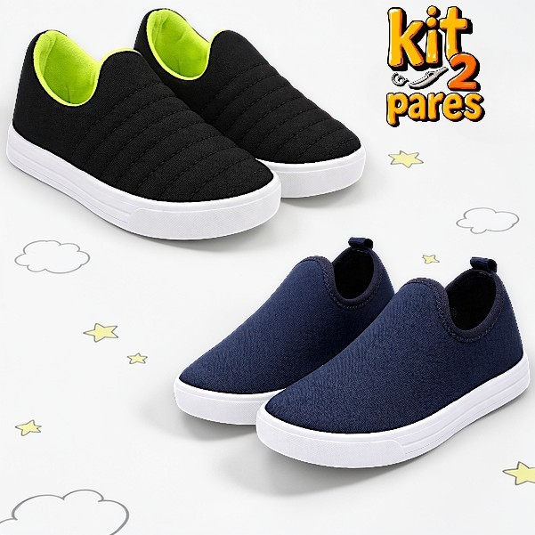 Kit 2 Pares Tênis Infantil Menino Calce Fácil Masculino Slip On Escolar Preto Azul Leve 24 a 33