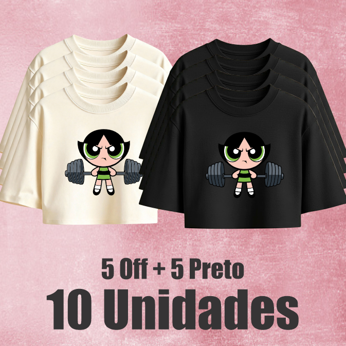 Kit com 10 Unidades - Cropped Over -  100% algodão  - Docinho | Florzinha | Lindinha -  Super Poderosas  - Academia