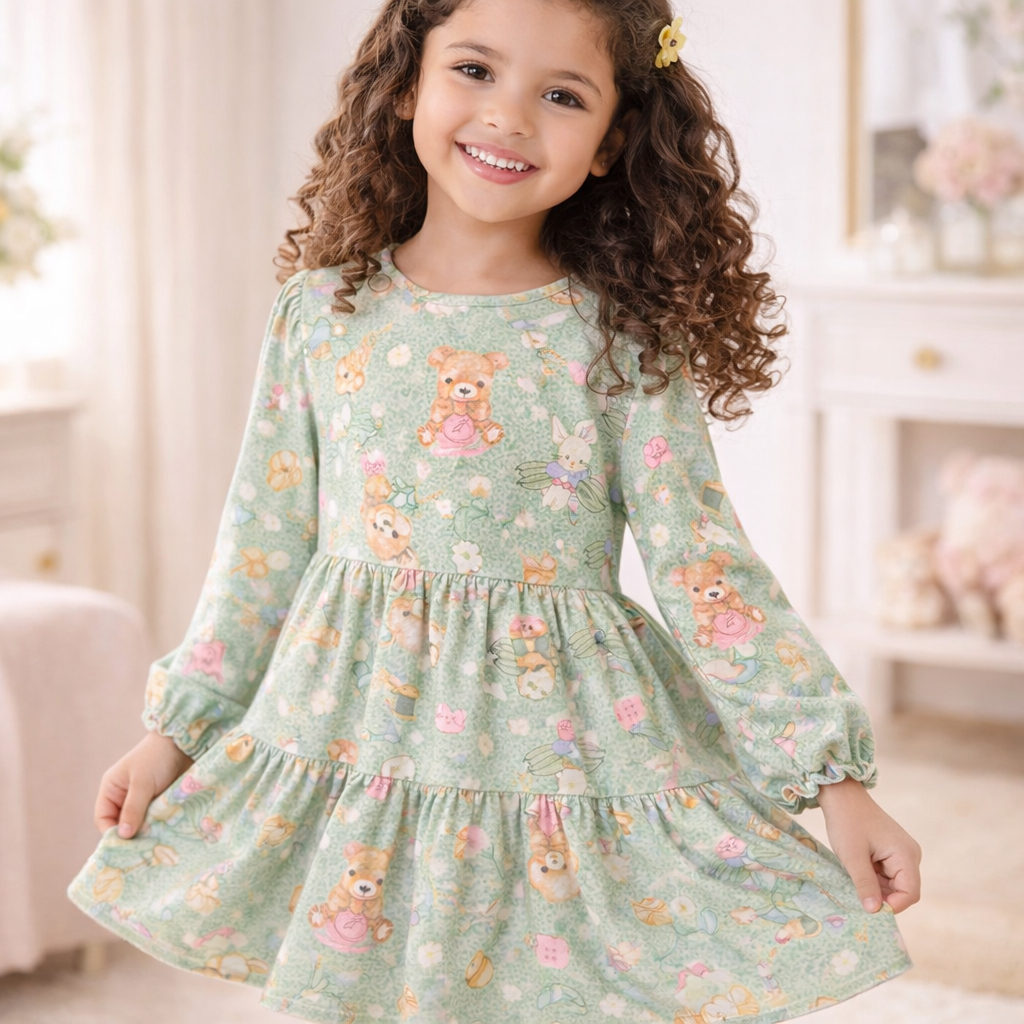 Kukiê Vestido Infantil Outono Inverno Passeio Aniversário Festa - Estampa de Bichinhos Verde Claro
