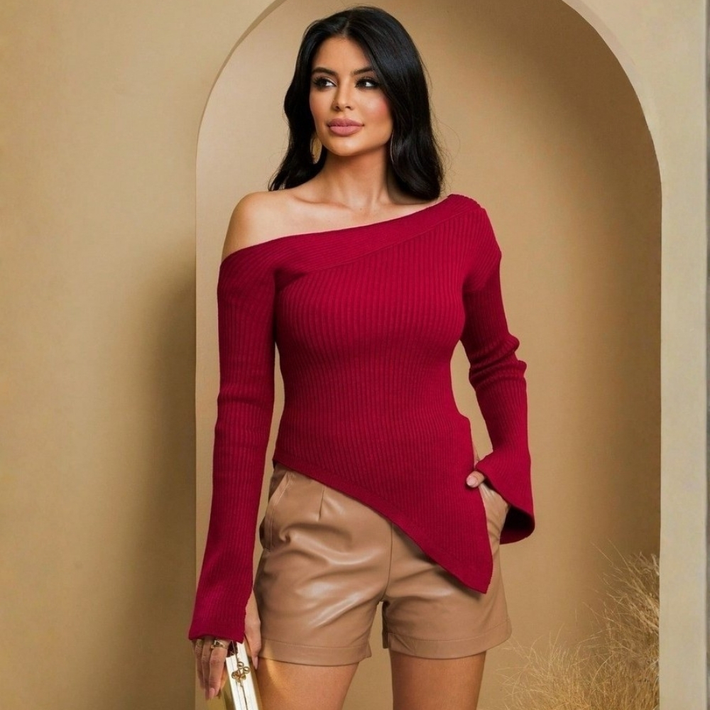 Blusa Feminina Tricot Modal Ombro a Ombro Assimétrica Manga Longa Canelada Elegante Inverno